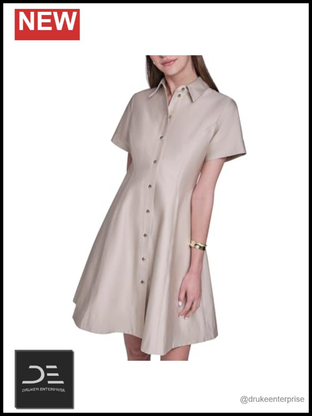 Short Sleeve Button Up Cotton Sateen Shirt Dress Fit & Flare Knee Length